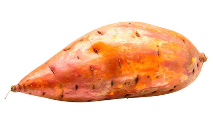 A single orange-skinned sweet potato, isolated against a black background