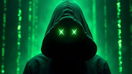 Anonymous hooded figure with glowing crosshair eyes against a backdrop of blurred green digital code, representing cyber threats and hacking