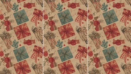 Obraz premium Classic Red and Gold Christmas Gift Boxes Seamless Triptych Background