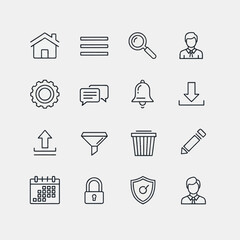 Collection of essential outline icons representing common user interface functions for web and mobile applications