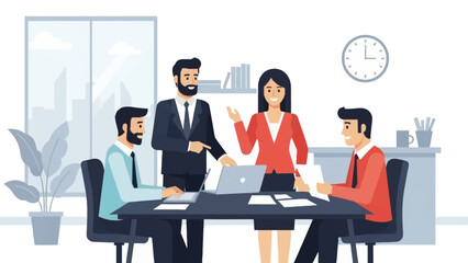 Business team collaborating around a conference table during a successful indoor office meeting discussion