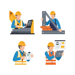 Collection of construction workers performing various skilled labor and management tasks on a building site