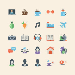 Collection of lifestyle, business, and hobby flat icons representing daily activities and personal interests