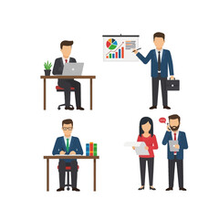 Collection of flat style business people performing various office tasks like presenting and working on computers