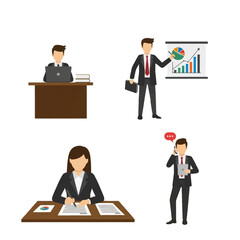 Collection of business people performing various professional tasks like presenting data and working on computers