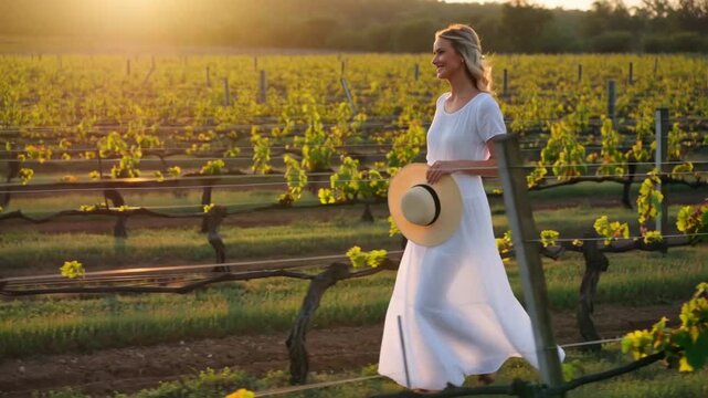 Woman in a white linen dress walking between vineyard rows at golden hour in tuscany, concept of effortless elegance and rural romance