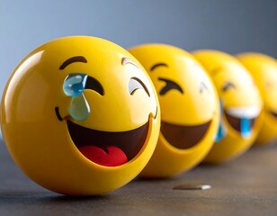 Close-up of yellow smiling faces arranged in a row, showing various expressions