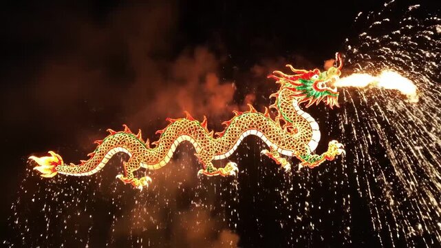 Golden Dragon Fireworks Burst Across Night Sky, Sparking Fountains And Rolling Smoke, Dragon Head Emits Radiant Spray Of Embers, Sinuous Illuminated Body Weaves Through Sparks, Festive Procession.