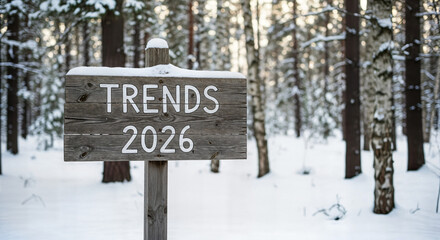 Rustic wooden sign in snowy winter forest reading "TRENDS 2026" &mdash; seasonal business concept

