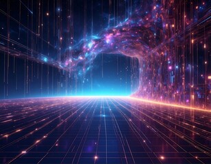 Futuristic digital tunnel with glowing particles, lines, and lights