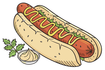 realistic luxury flat illustration of German sausage with mustard, smooth casing texture, rich warm color palette, clean flat shading with realistic volume, premium European food illustration