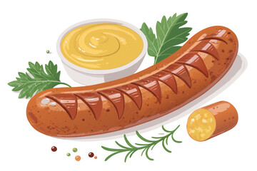 realistic luxury flat illustration of German sausage with mustard, smooth casing texture, rich warm color palette, clean flat shading with realistic volume, premium European food illustration