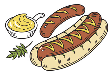 realistic luxury flat illustration of German sausage with mustard, smooth casing texture, rich warm color palette, clean flat shading with realistic volume, premium European food illustration