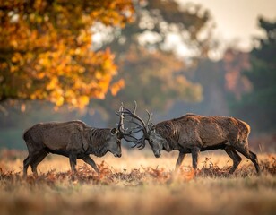 Two stags clash antlers in autumn, surrounded by dry grass and colorful foliage in a serene outdoor setting