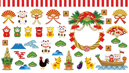 Japanese New Year 2026 Vector Illustration Set &ndash; Year of the Horse, Traditional Decorations, Greeting Cards and Seasonal Elements	
