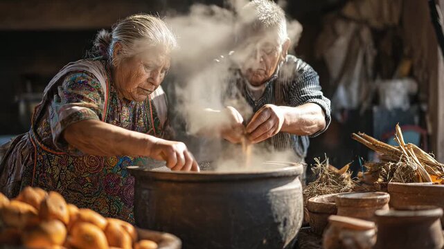 Authentic Mexican couple preparing traditional ponche beverage outdoors. Elderly woman stirs the drink in a clay pot over fire, while man adds spices.