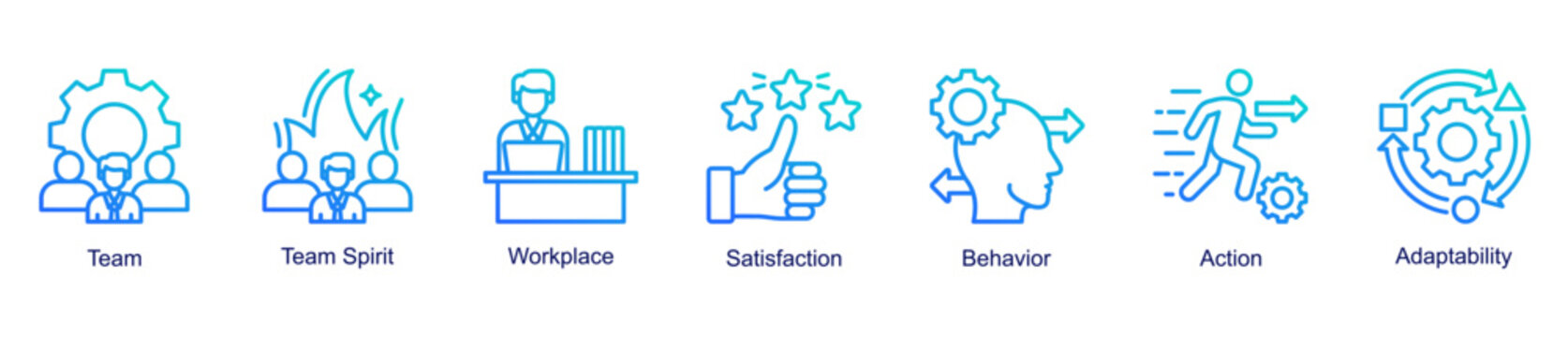 Team and workplace culture web banner icon vector illustration for organizational harmony with team spirit, behaviour, action, workplace, satisfaction, and adaptability icons.