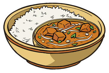 luxury realistic flat Indian curry bowl illustration, rich curry color tones, subtle oil highlights, rice with soft grain texture, clean flat shading with realistic depth