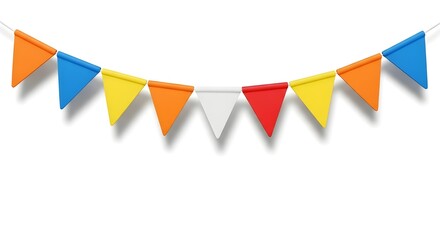 Curved string of colorful pennant flags in blue, orange, yellow, white, and red—perfect for festive decor.