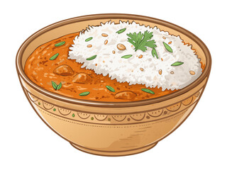 luxury realistic flat Indian curry bowl illustration, rich curry color tones, subtle oil highlights, rice with soft grain texture, clean flat shading with realistic depth