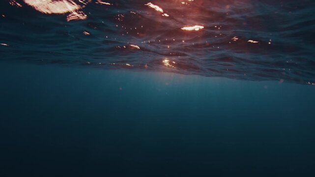 Underwater view of the sea surface with gentle waves during sunset