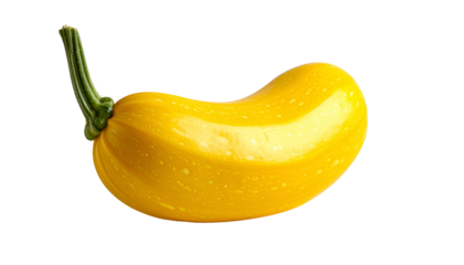 A vibrant yellow squash with a green stem sits isolated against a black background
