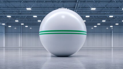 Generic hydrogen fuel tank. large spherical unbranded white tank with green accents located in a modern airport hangar.