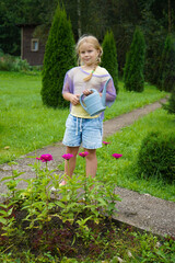 The young girl enjoys outdoor gardening activities, carefully using her watering can to hydrate the beautiful flowers in her garden on a sunny day