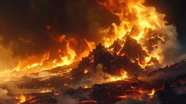 Fiery Mountain Landscape: Burning Mountains and Explosive Flames.