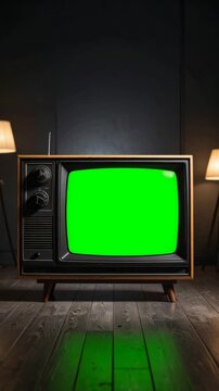 Vintage television set with a green screen on a wood floor for adding custom media.