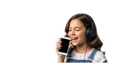 Girl with headphones singing into phone