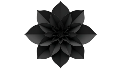 A geometric, symmetrical black flower design on a black background