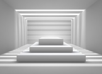 Obraz premium Minimalist White Room with Striped Lighting and Empty Podium