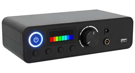 Obraz premium Professional audio interface device with illuminated power button and colorful display isolated on transparent background