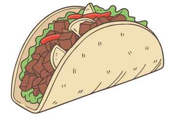 luxury realistic flat Mexican taco illustration, textured tortilla, seasoned beef, fresh vegetables with natural colors, clean flat lighting and realistic contrast, high-end international street food 