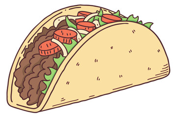 luxury realistic flat Mexican taco illustration, textured tortilla, seasoned beef, fresh vegetables with natural colors, clean flat lighting and realistic contrast, high-end international street food 