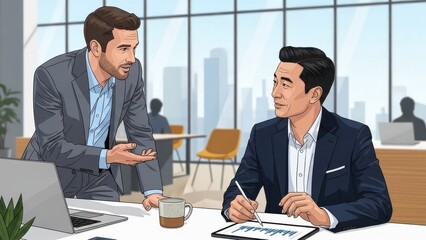 Collaborative exchange between two professionals in a modern office setting discussing data insights