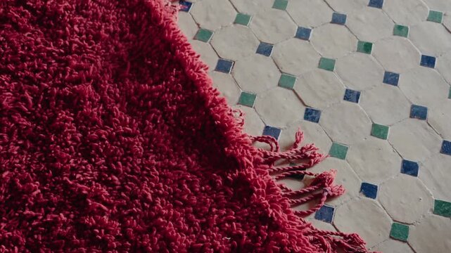Close-up of a vibrant, plush, deep red Moroccan rug with tassels. It is partially covering an intricate, traditional Moroccan tiled floor in white, turquoise, and emerald green. The geometric patterns