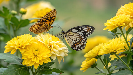 Two beautiful butterflies perched on vibrant yellow chrysanthemum flowers, showcasing intricate wing patterns in a garden setting