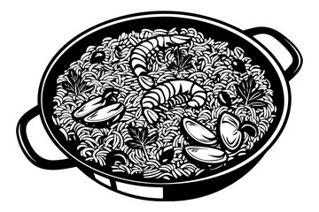 realistic luxury flat illustration of Spanish paella pan, saffron rice texture, shrimp and vegetables with refined color separation, minimal flat shadows maintaining realism