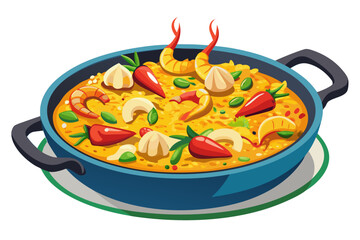 realistic luxury flat illustration of Spanish paella pan, saffron rice texture, shrimp and vegetables with refined color separation, minimal flat shadows maintaining realism