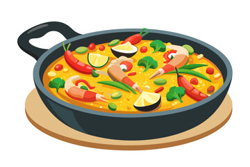 realistic luxury flat illustration of Spanish paella pan, saffron rice texture, shrimp and vegetables with refined color separation, minimal flat shadows maintaining realism
