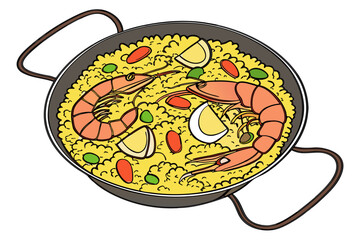 realistic luxury flat illustration of Spanish paella pan, saffron rice texture, shrimp and vegetables with refined color separation, minimal flat shadows maintaining realism