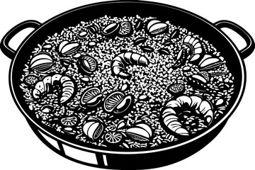 realistic luxury flat illustration of Spanish paella pan, saffron rice texture, shrimp and vegetables with refined color separation, minimal flat shadows maintaining realism