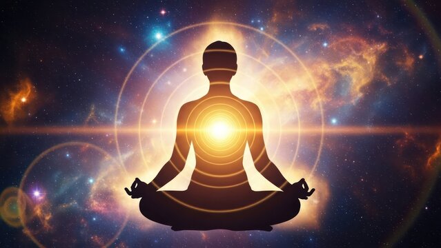 Cosmic Serenity: Silhouette in lotus position illuminated against astral backdrop representing