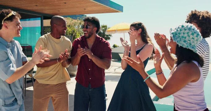 Swimming pool, friends and people with vacation, hands stack and bonding together. Gesture, men and women with summer holiday, celebration and weekend break with tropical island, happiness or excited