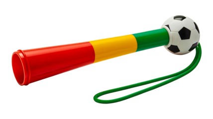 Colorful plastic horn with soccer ball isolated on white background
