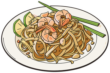 luxury realistic flat Pad Thai illustration, glossy noodles, shrimp and peanuts with natural tones, balanced flat lighting and realistic detail, premium Thai cuisine artwork