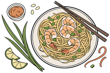 luxury realistic flat Pad Thai illustration, glossy noodles, shrimp and peanuts with natural tones, balanced flat lighting and realistic detail, premium Thai cuisine artwork