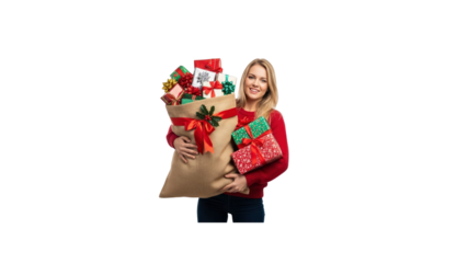 Woman with gift bag and Christmas presents